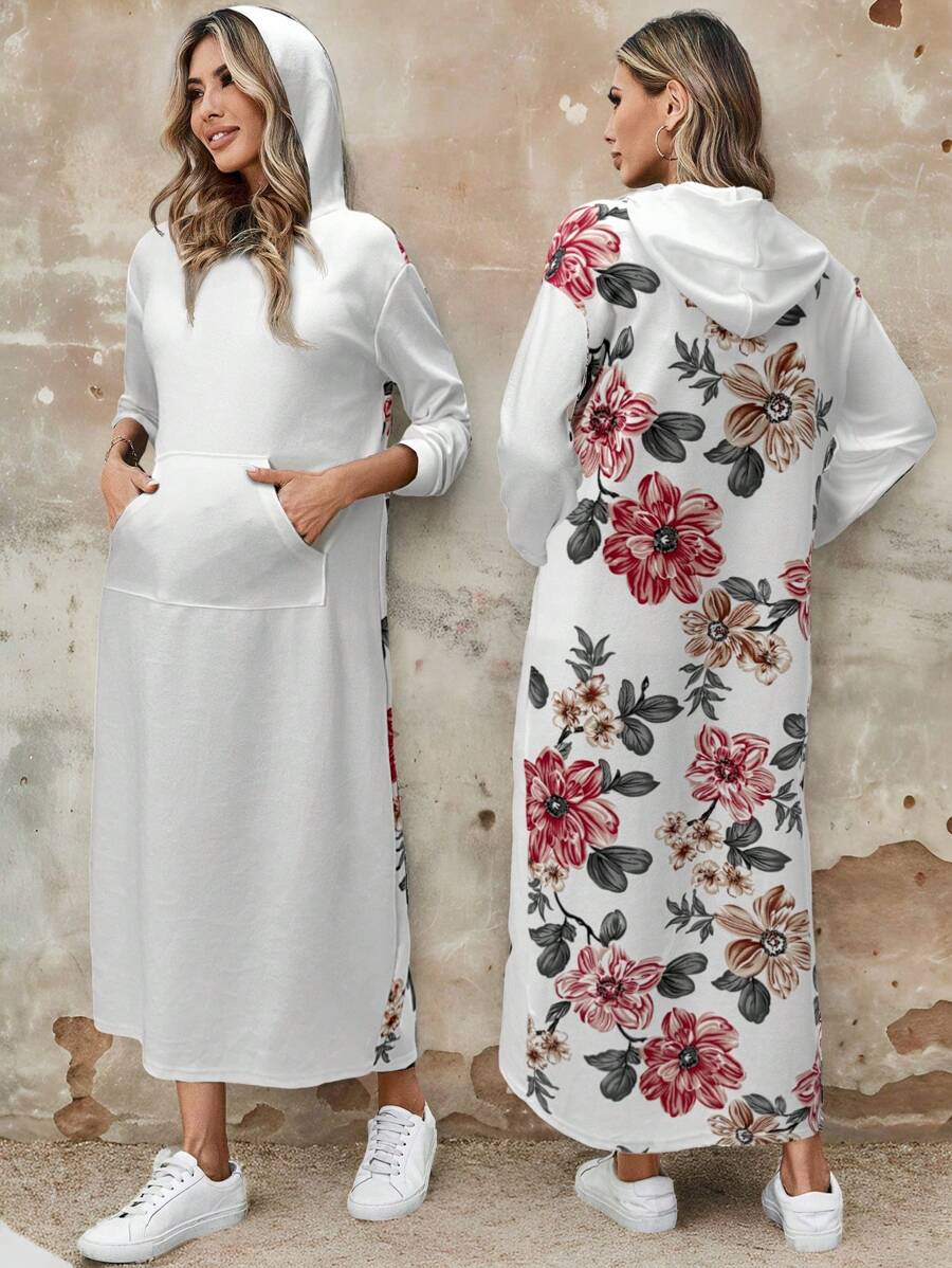 EMERY ROSE Women's Floral Print Pocket Long Sleeve Casual Hooded Sweatshirt Dress - White - View 1
