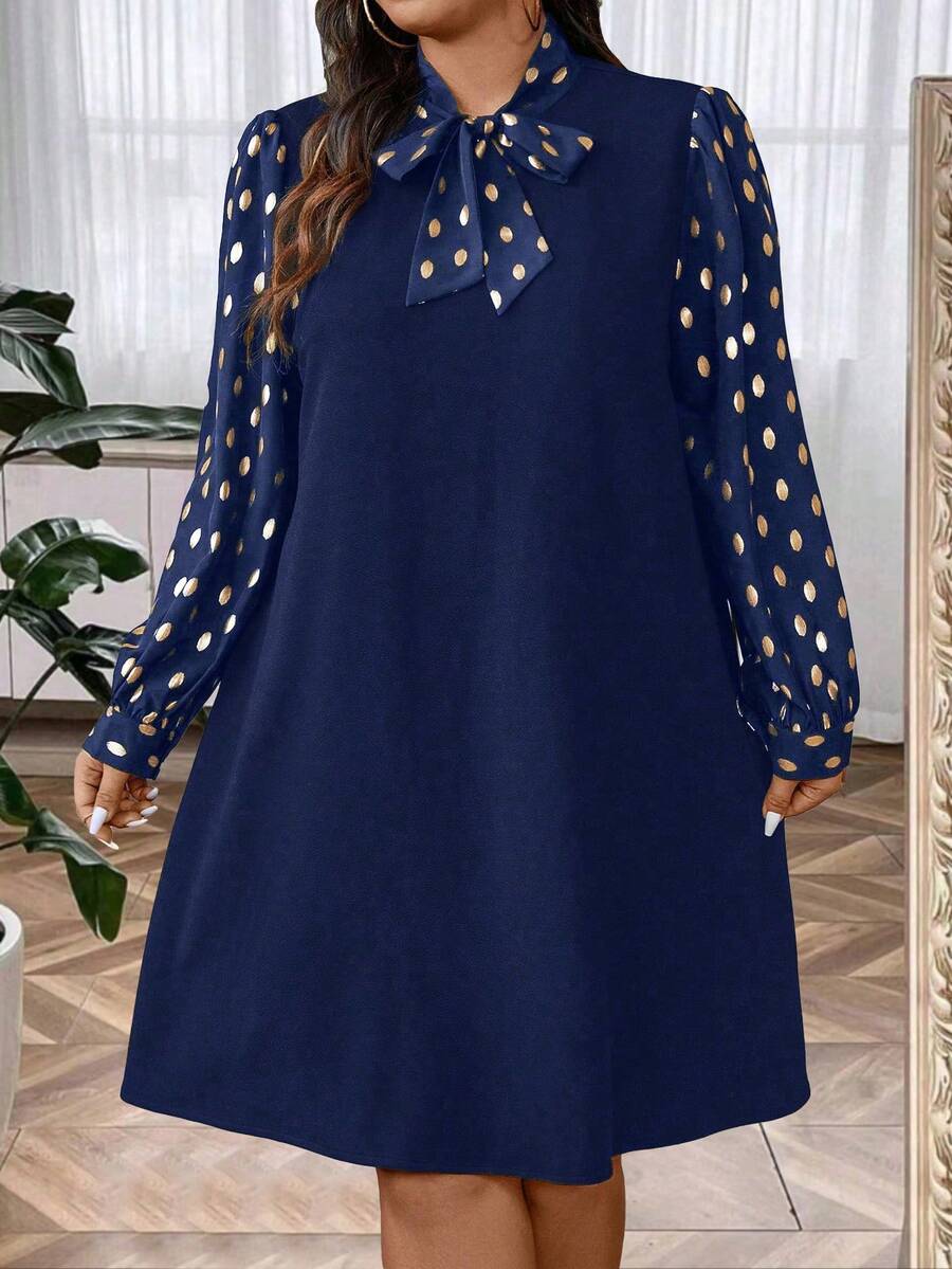 SHEIN Clasi 大码女式优雅长袖金色波尔卡圆点前系带连衣裙，秋季 - 藏蓝色 - 查看 1