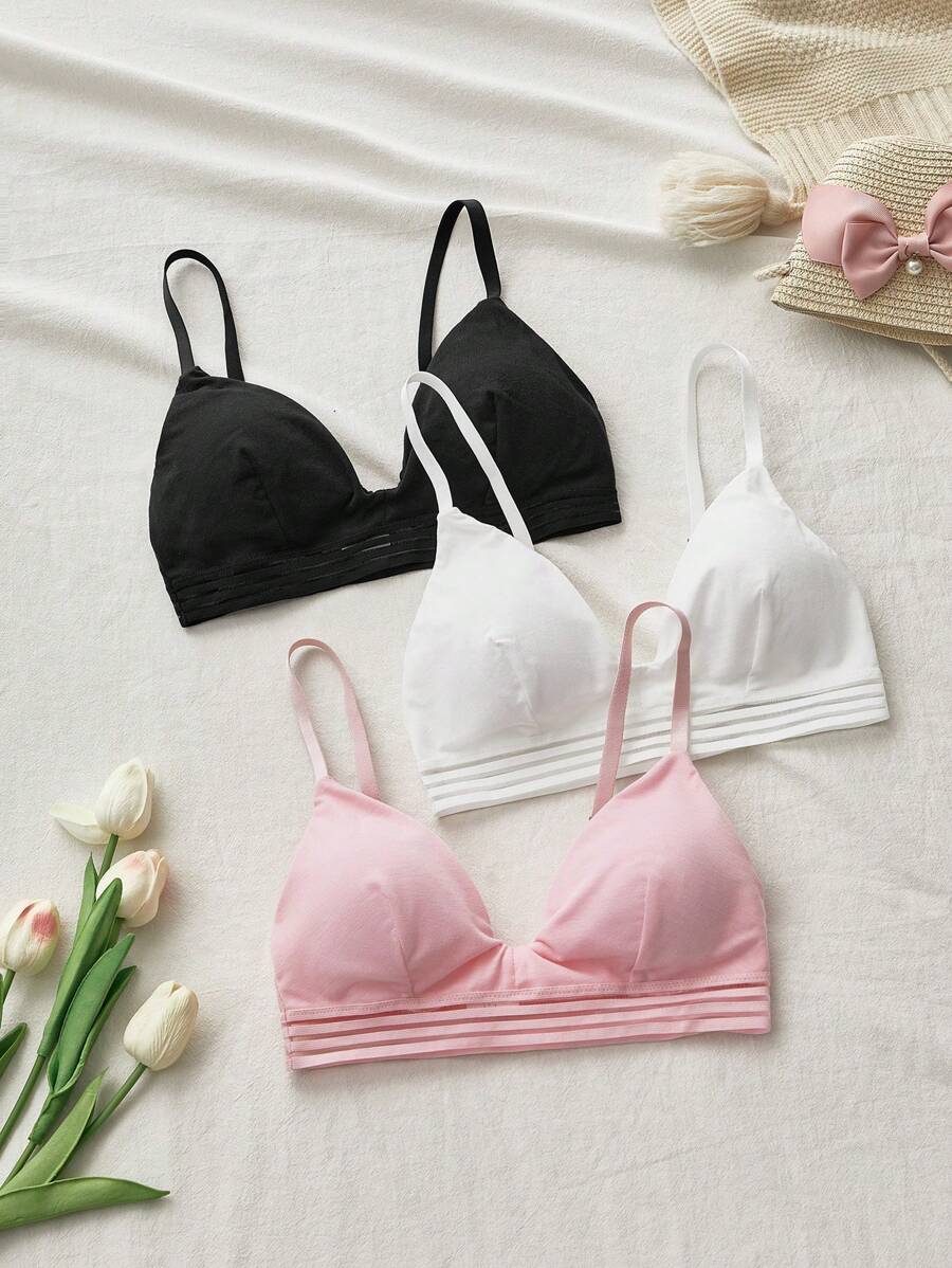 3 件套少女文胸套装，舒适校园装，黑色/粉色/白色 - 彩色 - 查看 1