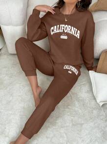 1Set Letter Print Athleisure Style Women Sleepwear Pajama Set - Brown - View 3