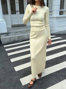 INAWLY 2pcs Women Casual Ribbed Knit Top & Pencil Skirt Sweater Set For Autumn/Winter - Yellow - View 3