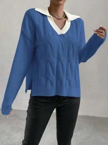 SHEIN LUNE Sweater Rajut Minimalis Lengan Panjang Motif Blok Warna untuk Wanita, Kasual untuk Pemakaian Sehari-hari di Musim Gugur dan Musim Dingin. - MultiWarna - View 5