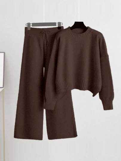 Franclia Women Solid Color Crew Neck Drop Shoulder Knit Sweater And Wide Leg Knit Pants, Casual 2 Pieces Set, Autumn/Winter Fall Cloth For Women