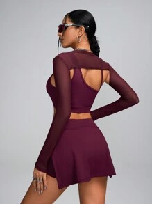 Innovista 3-In-1 Asymmetric Crop Tank Top & Skirts & Bolero,Tennis Skirts Set,Breathable Detach Mesh Sleeves Top,Gym Woman Sets, Workout Set,Track Suit,Golf Clothing,Tennis Skirt,Y3K Skirts,Valentines Gifts,Valentines Wear - Burgundy - View 11