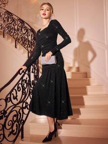 Vintamour Vintage Elegant Women Sequin Glitter Knitted Elastic Square Collar Long Sleeve Ruched Patchwork Asymmetrical Hem Bodycon Black Autumn Dinner Dress - Black - View 3