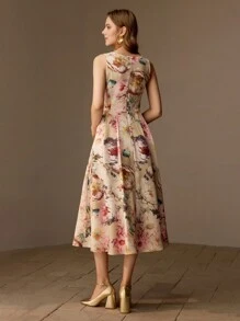 MOTF PREMIUM 花卉印花 V 领喇叭下摆中长连衣裙（无腰带）女士服装