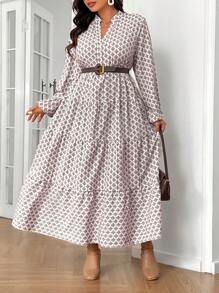 SHEIN Frenchy Váy cổ đứng nhiều lớp viền xếp nếp cỡ lớn, mùa thu, váy xếp nếp, tiền cũ, váy trang trọng - Cà phê nâu - Xem 1