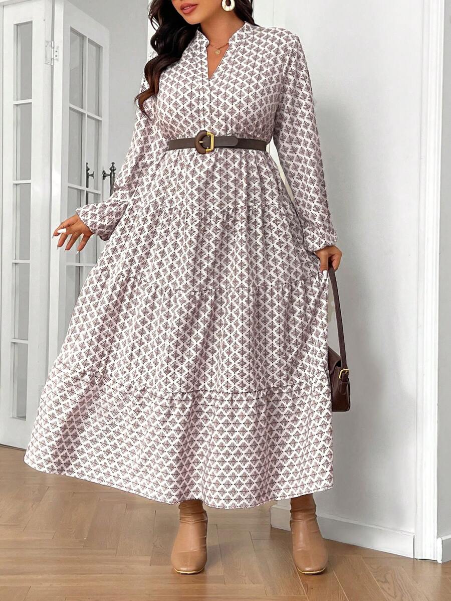 SHEIN Frenchy Váy cổ đứng nhiều lớp viền xếp nếp cỡ lớn, mùa thu, váy xếp nếp, tiền cũ, váy trang trọng - Cà phê nâu - Xem 1