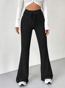 SHEIN EZwear 素色腰上打結喇叭衛褲 - 黑色 - 查看 5