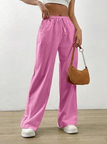 SHEIN EZwear Màu thuần Eo dây rút Dài Quần - Hồng - Xem 6