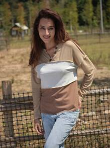 LanaWest Women's Fashionable Casual Long Sleeve T-Shirt For Autumn/Winter, Round Neck With Oblique Shoulder Design, Color Blocking And Contrast Stitching Details In White, Coffee And Apricot Color Fall Cloth For Women - Multicolor - View 5