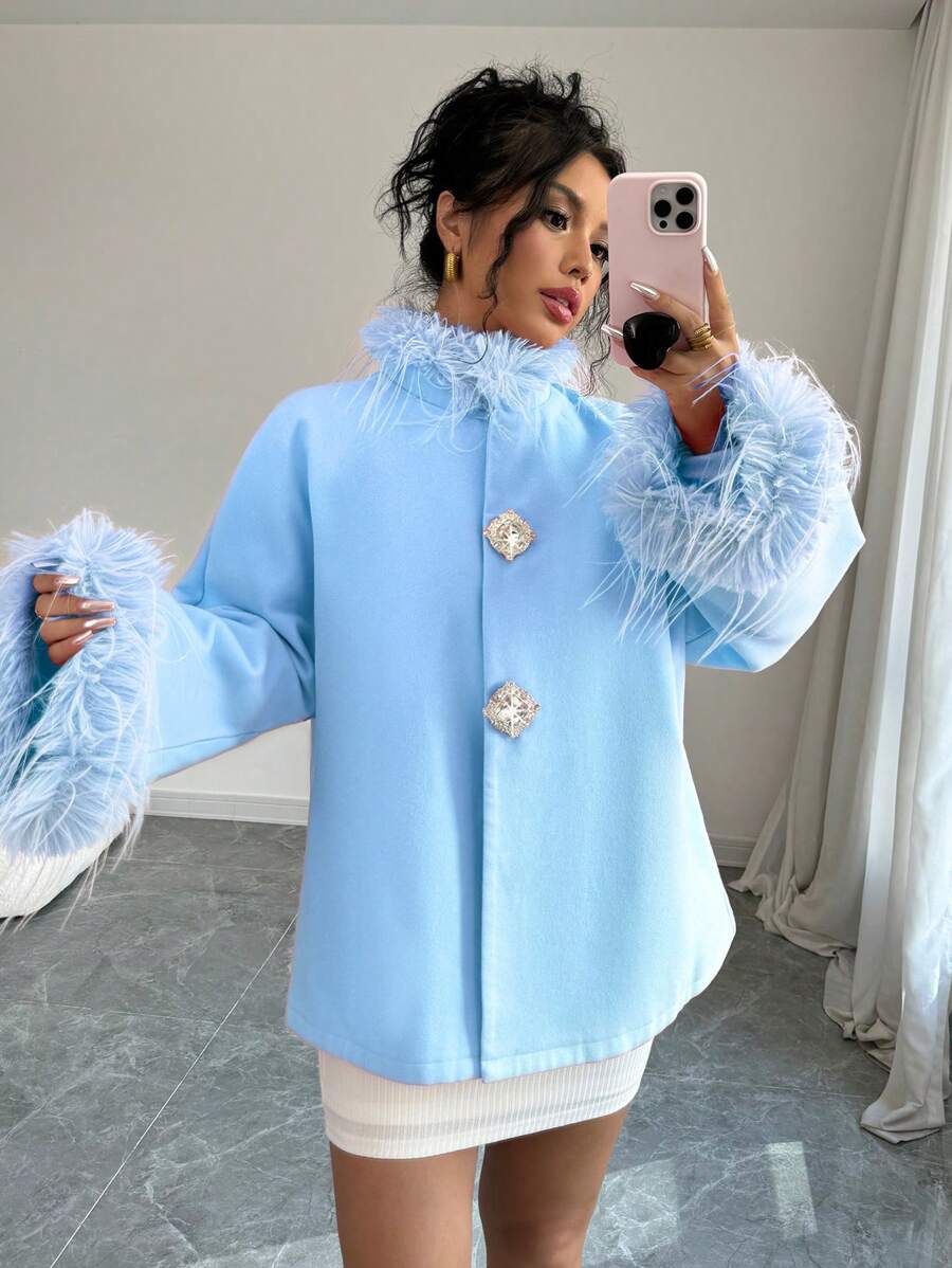 Elenzga Women's Collar Flare Sleeve Rhinestone Button Tweed Coat - Baby Blue - View 1