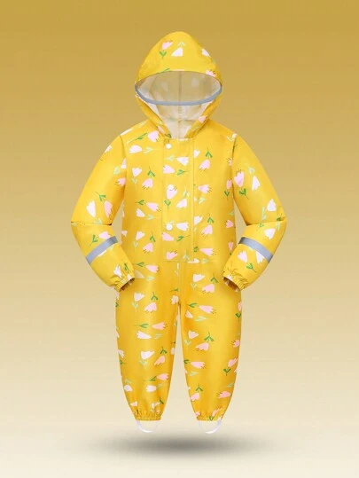 SHEIN 女童黄色简约花卉印花长袖全长连帽户外雨衣