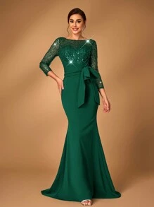 Serin Váy cưới dài đuôi cá quyến rũ thanh lịch, tay dài, đính cườm và sequin, cạp chun, thiết kế nơ xếp nếp, eo cao dành cho mẹ cô dâu - Màu xanh lá cây đậm - Xem 6