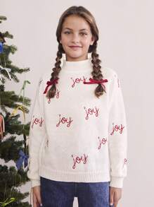 SHEIN Suéter holgado de punto casual de cuello alto con gráfico de letra para temporada navideña/de Año Nuevo para niñas preadolescentes, otoño/invierno
