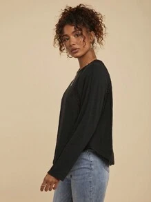 Travachic Loose Solid Color Knit Black Long Raglan Sleeve Crew Neck T-Shirt Top , Casual Vacation - Black - View 3