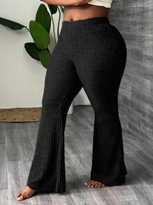 Slaydiva Plus Size Elastic Waist Casual Wide Leg Long Ribbed Flare Pants, Suitable For Autumn And Summer