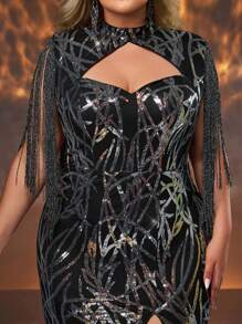 Glamrae Plus Size Black Sexy Sparkling Sequins Hollow Out Neck Fringe High Slit Elegant Formal Gown For Evening Party, Wedding Guest Dress