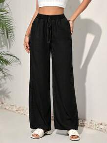 SHEIN Tall Quần Jeans Ống Thẳng Lưng Cao Rộng Thường Ngày Cho Nữ Có Dây Lưng Thun, Màu Xanh - màu đen - Xem 1