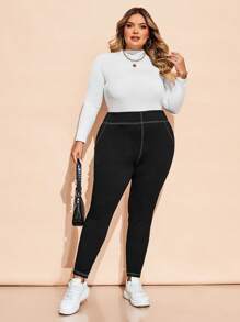 SHEIN CURVE+ Curve Plus Women's Casual Seam Topstitched Skinny Pants, Autumn/Winter - Black - View 7