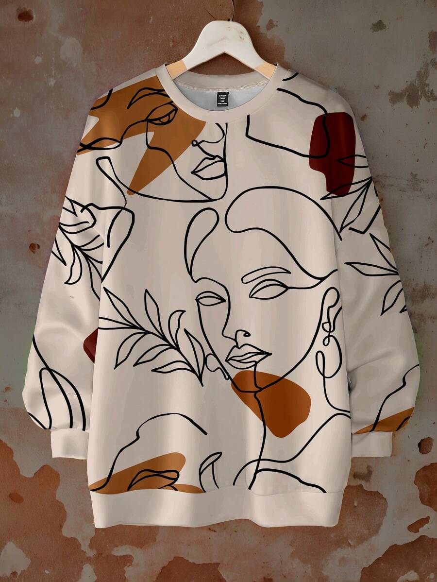 SHEIN LUNE 大码女式休闲简约印花卫衣，秋冬季 - 彩色 - 查看 1