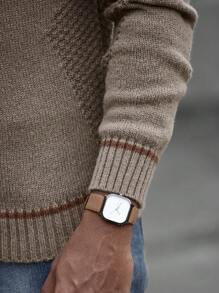 Manfinity Homme 男士纯色高领长袖休闲套头毛衣，秋冬季，适合外出丈夫 - 杏色 - 查看 4