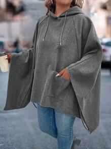 SHEIN LUNE Plus Size Women Casual Hooded Asymmetrical Hem Pockets Drawstring Poncho Jacket, Suitable For Autumn Winter - Dark Grey - View 5