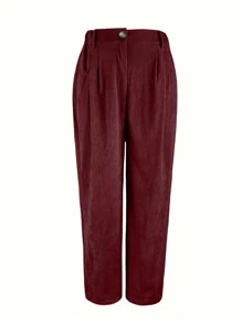 SHEIN LUNE Normale Damen Große Größen Khaki Cord Gerade Bein Hose, Winter - Bordeaux - Übersicht 4