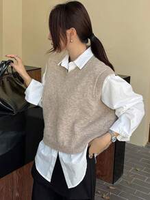 DAZY Damski sweter-kamizelka w jednolitym kolorze z dekoltem w serek, na wiosnę/jesień, na powrót do szkoły