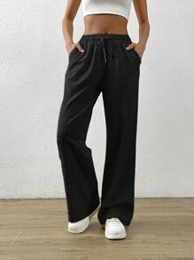 SHEIN EZwear Summer Black Drawstring Waist Slant Pocket Pants Dress Pants