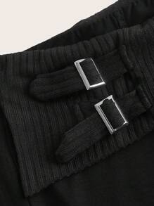 SHEIN ICON Solid Asymmetrical Waist Flare Leg Pants - Black - View 4