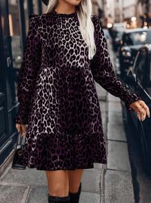 SHEIN LUNE Leopard Print Ruffle Hem Stand Collar Long Sleeve Dress - Purple - View 5