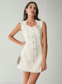 Enchnt Váy vải tuýt sequin Milkmaid thanh lịch không tay màu trắng lãng mạn cho phụ nữ ngày lễ mùa thu, trang phục trở lại trường của giáo viên & váy công sở cho phụ nữ - trắng - Xem 2