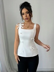 Elenzga 蝴蝶结装饰修身款前拉链背心 - 奶油色 - 查看 3