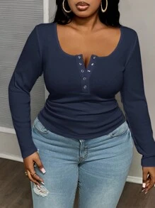 Slaydiva Plus Size Casual All-Match Biała Slim Fit z Głębokim Dekoltem w kształcie litery U Długi Rękaw T-shirt-C