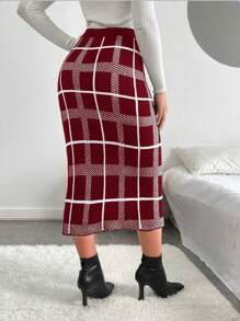 SHEIN Clasi Women Retro Jacquard Plaid Split Hem Skirt, Suitable For Autumn/Winter For New Year Clothes - Red - View 2