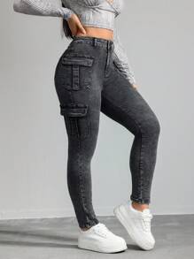 SHEIN ICON 女士休闲紧身弹力七分牛仔裤，黑色 - 黑色 - 查看 4