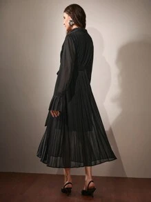 Anewsta 女士秋季衬衫领褶皱喇叭袖系腰连衣裙长款女装