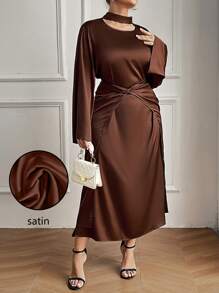 Celure 大码女式优雅长袖编织缎面宽袖系带裹身连衣裙 - 棕色 - 查看 3