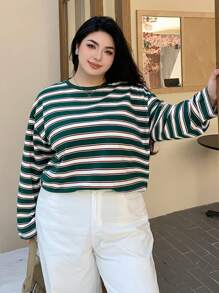 Dazy Plus 宽松条纹圆领长袖 T 恤，春夏秋装，秋季女装 - 綠色 - 查看 9