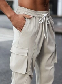 Manfinity Homme Plus Size Men Solid Color Drawstring Waist Cargo Pants, Going Out Plain Casual Pants Khaki Slacks Pants, For Husband, Boyfriend Gifts - Beige - View 7