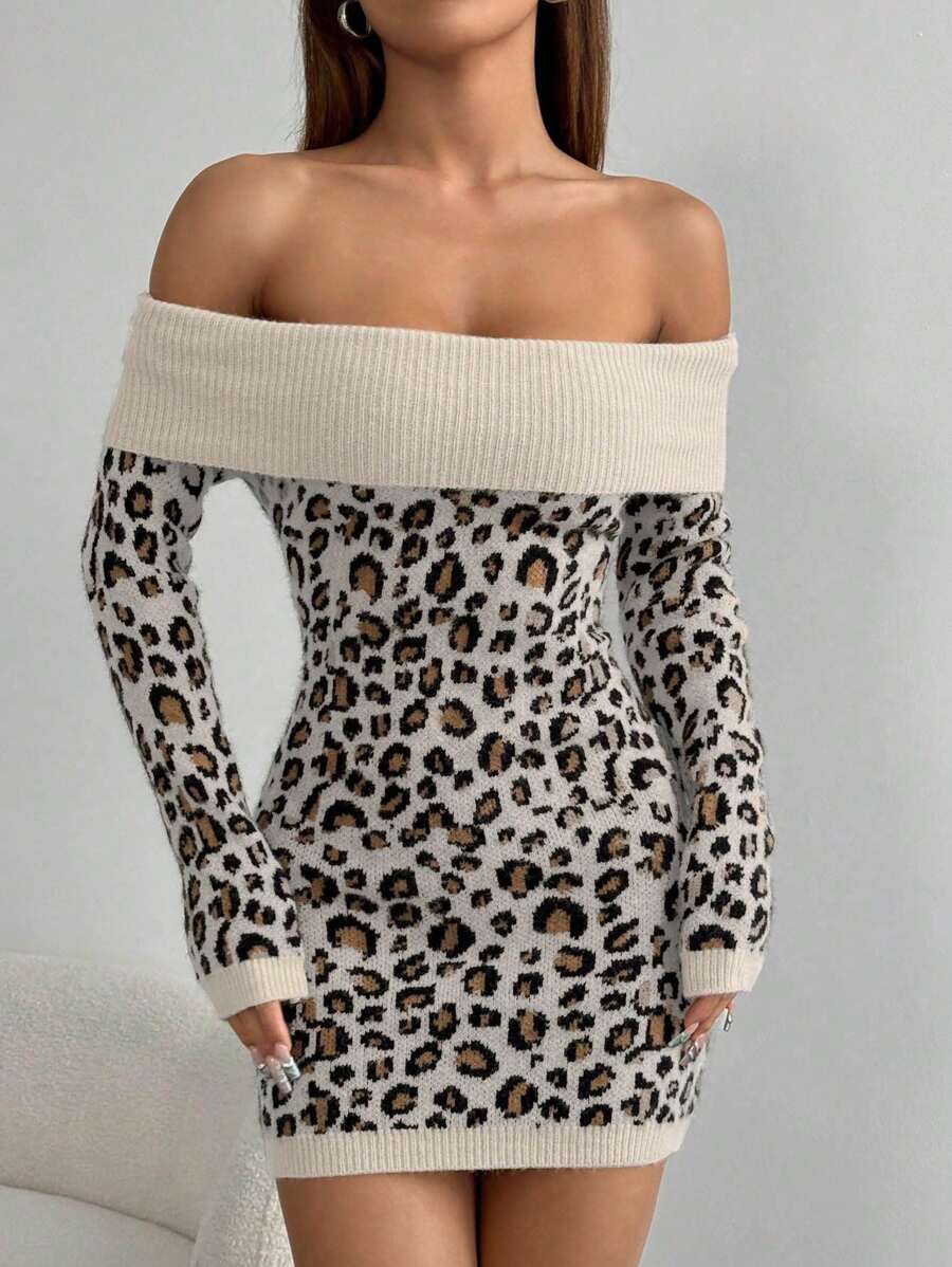 SHEIN Unity 1pc Sexy Leopard Print Off Shoulder Sweater Dress Fall Cloth For Women - Multicolor - View 1