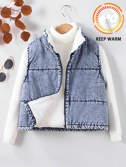 SHEIN Veste sans manches en jean épais matelassée avec col montant, fermeture éclair, style délavé, pour filles pré-adolescentes, automne-hiver, look casual