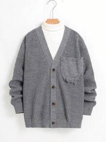 Teen Boy Solid Color V-Neck Front Button Pocket Casual Long Sleeve Cardigan - Grey - View 1