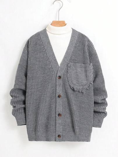 Tonårspojke Enfärgad V-ringad främre knappficka Casual långärmad kofta