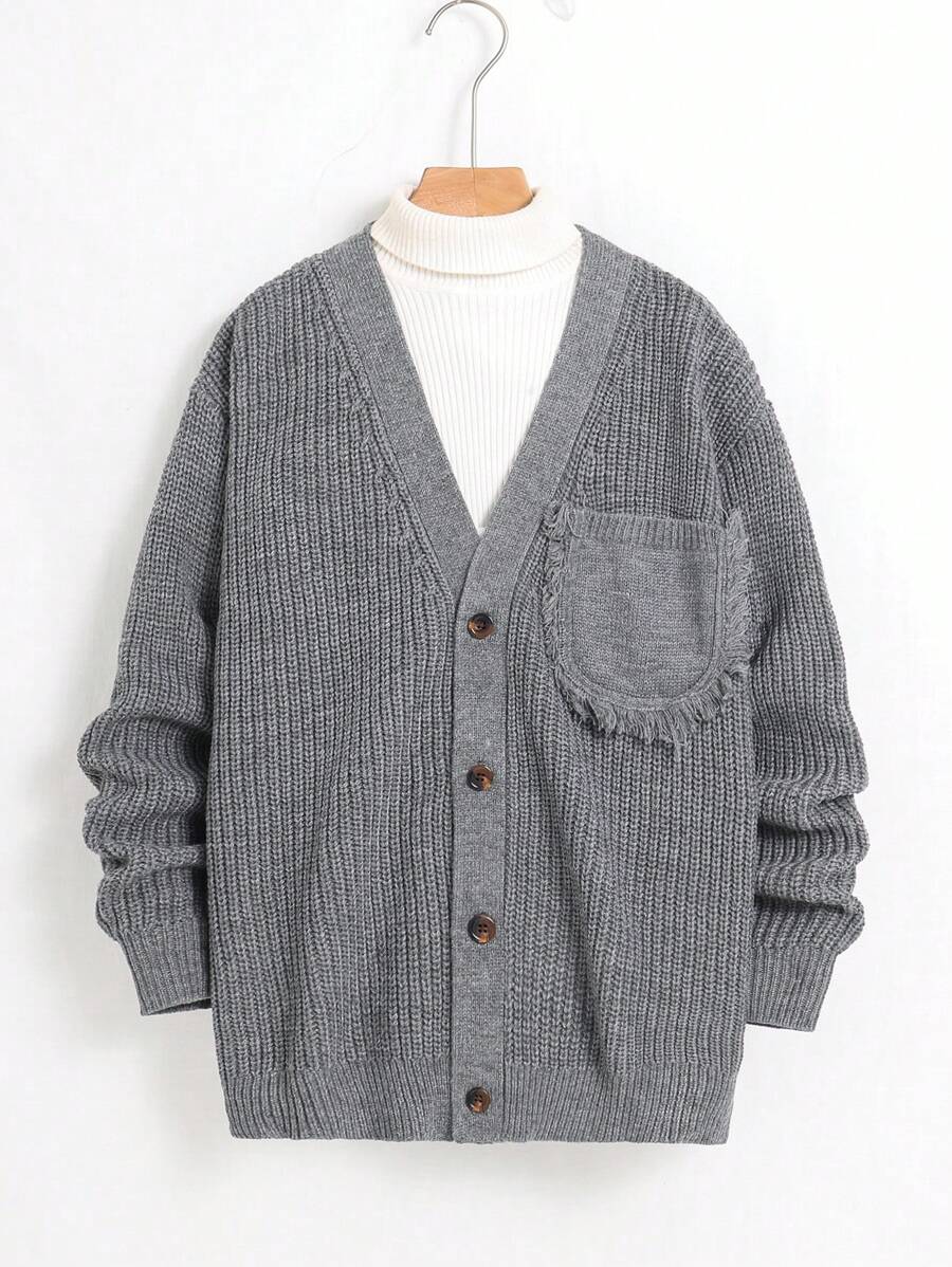 Teen Boy Solid Color V-Neck Front Button Pocket Casual Long Sleeve Cardigan - Grey - View 1