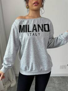 Chiquease Sudadera holgada de manga larga con estampado de letras, de cuello diagonal caído y tejido versátil y casual, para otoño/invierno