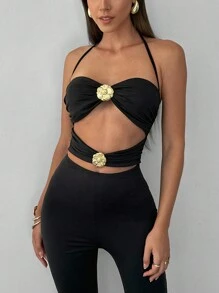 Aloruh Women's Solid Color Hollow Pleated Halter Backless Sexy Sleeveless Jumpsuit