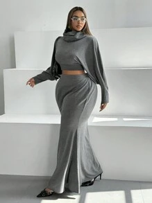 Maweii Set de 2 piezas de talla grande: Top de mangas tipo murciélago con cuello alto y falda con bajo de cola de pez