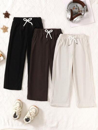 SHEIN Genkimix Kids 3件套女童白色、棕色、黑色休闲舒适长裤，松紧腰带饰有蝴蝶结，天鹅绒面料，直筒裤型，适合春秋季穿着
